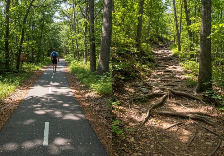 Comparison of easy ADA-compliant trail and challenging hiking trail on Long Island.