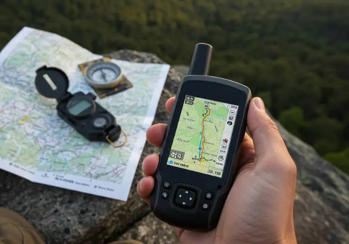 Hand holding GPS device with map, compass and paper map nearby, mastering navigation on Bear Mountain.