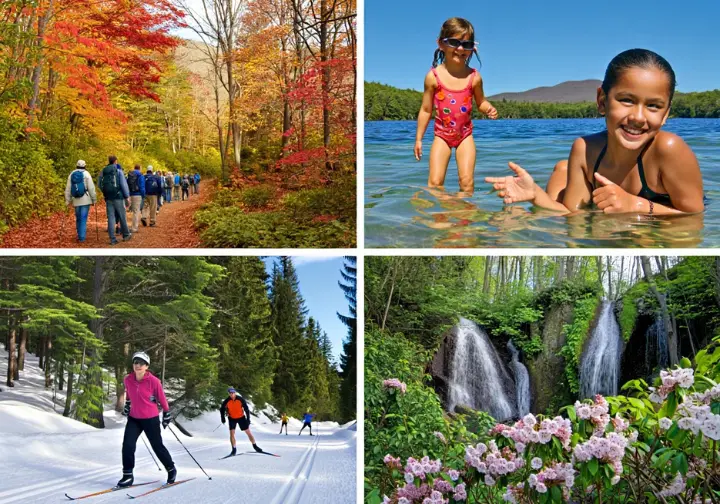 A multi-season image showing Minnewaska State Park Preserve activities: fall hiking, summer swimming, winter skiing, and spring waterfalls, illustrating year-round planning.