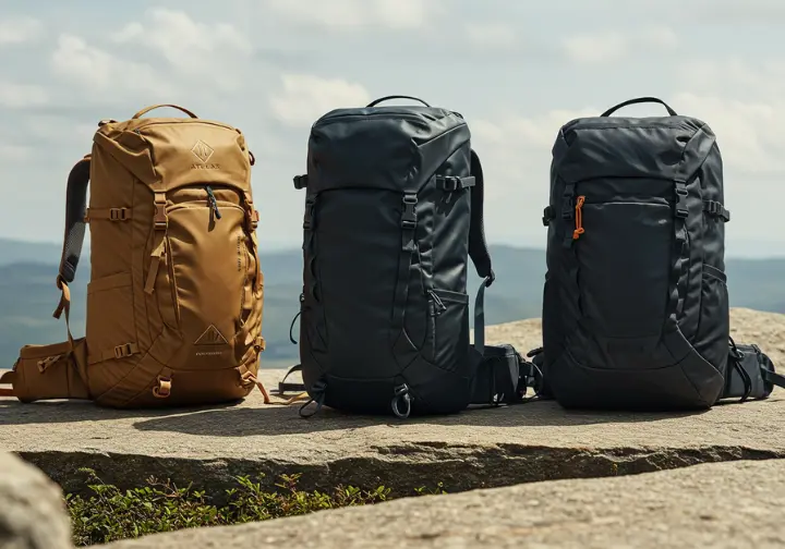 Product recommendation photo of pro-level backpacks for backpacking camera gear: Atlas Adventure Pack, Shimoda Action X30, and F-Stop Gear.