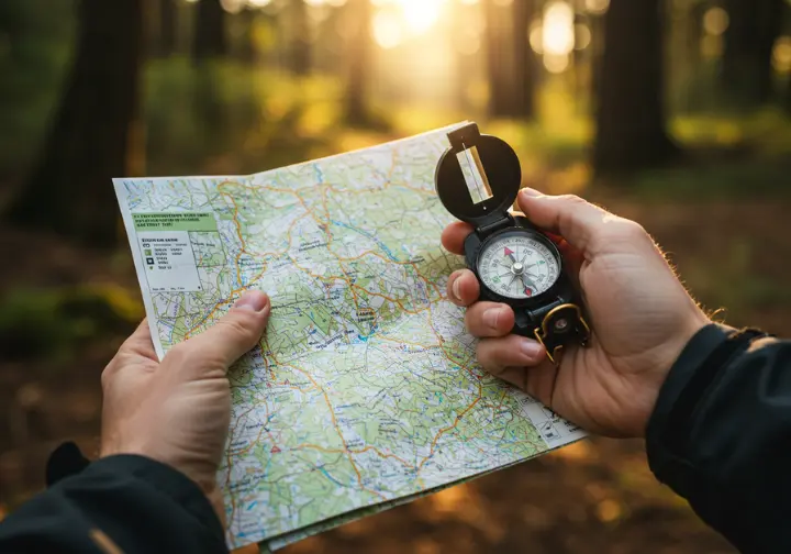 Hiker hands holding compass and map on trail, symbolizing safety and navigation for thru-hiking.