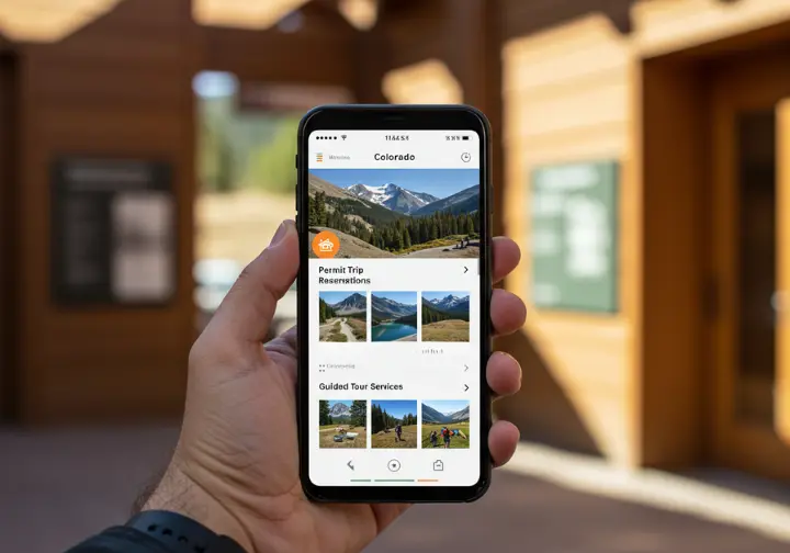 Smartphone displaying hiking trip booking app, service solutions for streamlining Colorado hiking experience.