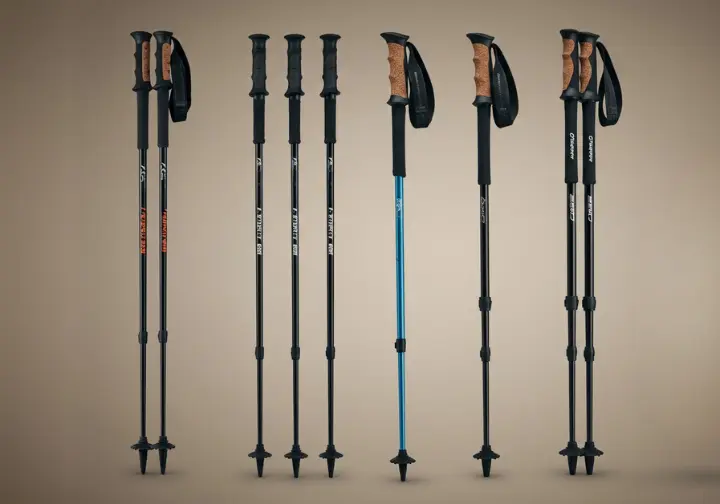 Types of trekking poles and length variations: telescoping, fixed-length, and folding Z-poles.