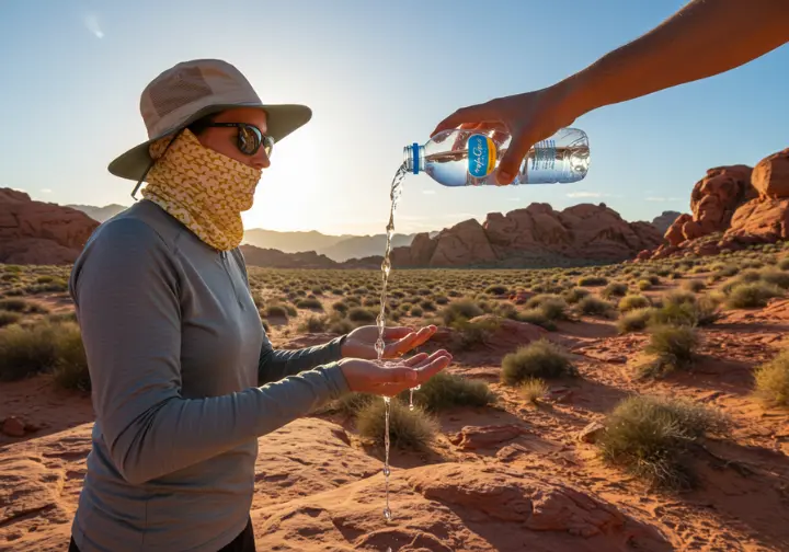 Hiker hydrating with water in Valley of Fire to emphasize heat safety.