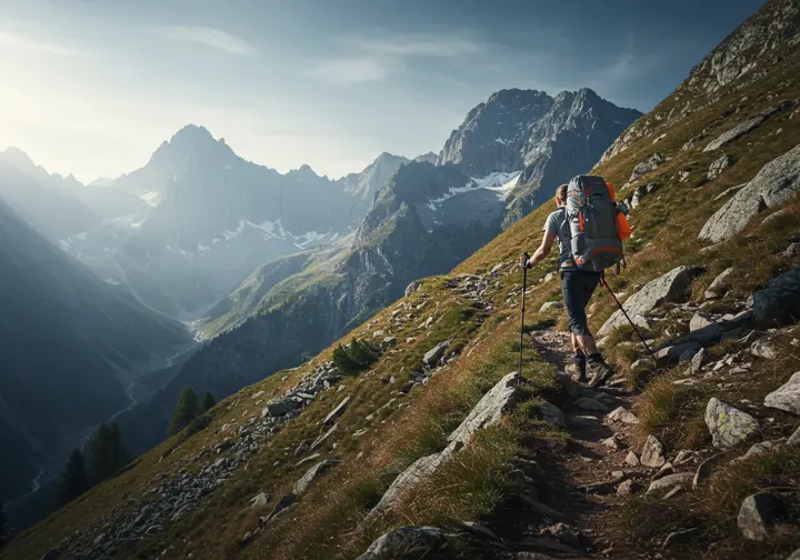 Hiker on challenging mountain trail with advanced gear, symbolizing advanced hiking beyond basics.