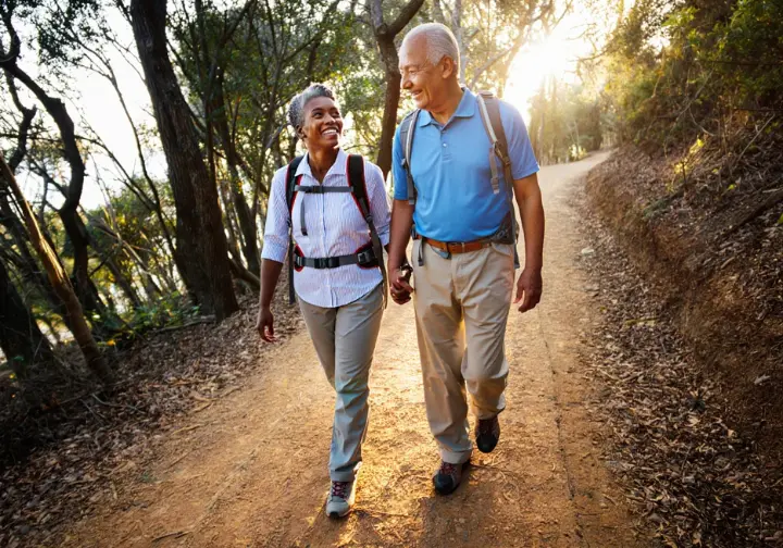 An elderly couple hiking leisurely on a scenic trail, illustrating hiking as a fulfilling lifelong journey and hobby.