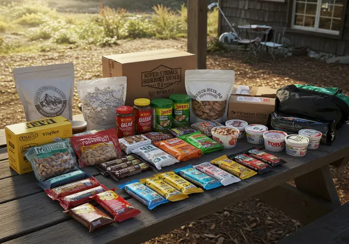 Thru-hiking food resupply on picnic table: energy bars, dehydrated meals, nuts, dried fruits, for trail resupply.