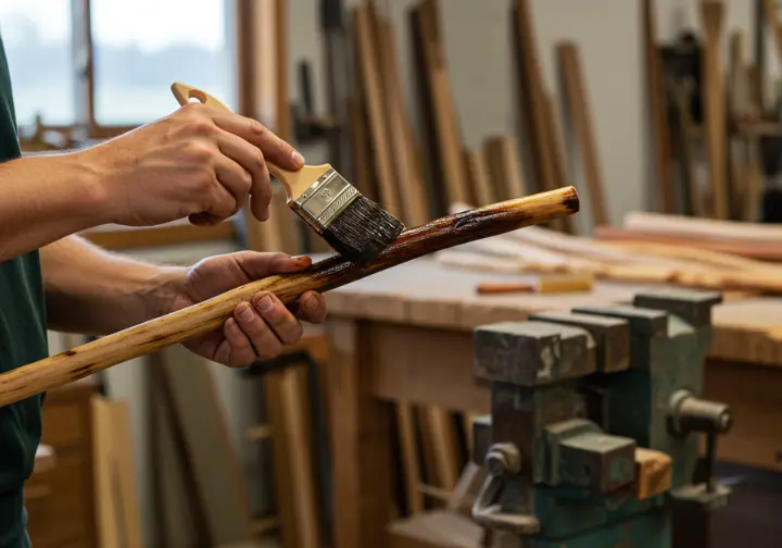 Finishing touches for a DIY hiking stick, including staining and sealing for protection.