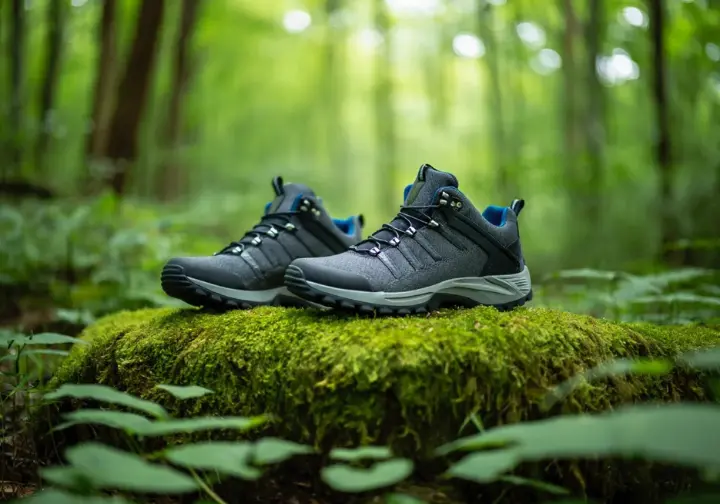 Sustainable hiking boots resting on moss in a forest, representing a guide to choosing eco-friendly and sustainable hiking footwear.