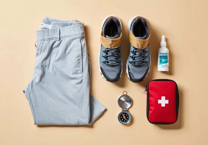 A flat lay of essential hiking gear including trail runners with gaiters, permethrin spray, and a first-aid kit, representing preparation for safe hikes on Long Island.