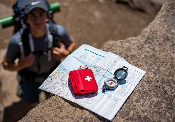 A hiker's toolkit including a map, compass, and first-aid kit, representing navigation and safety for responsible recreation at Minnewaska.