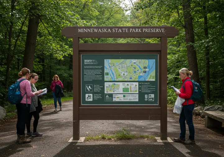 Park information board at Minnewaska State Park Preserve, addressing user concerns for adventure planning.