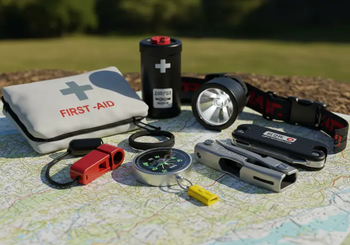 iking safety and navigation essentials: first-aid kit, compass, headlamp, whistle, and multi-tool on a map.