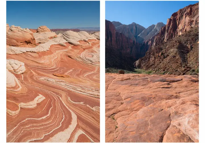 A comparison image showing the distinct red rock landscapes of Valley of Fire and Red Rock Canyon, highlighting their differences for hikers.