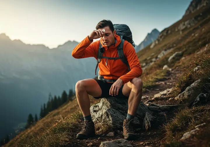 Hiker pausing on steep trail, showing determination in addressing hiking challenges.