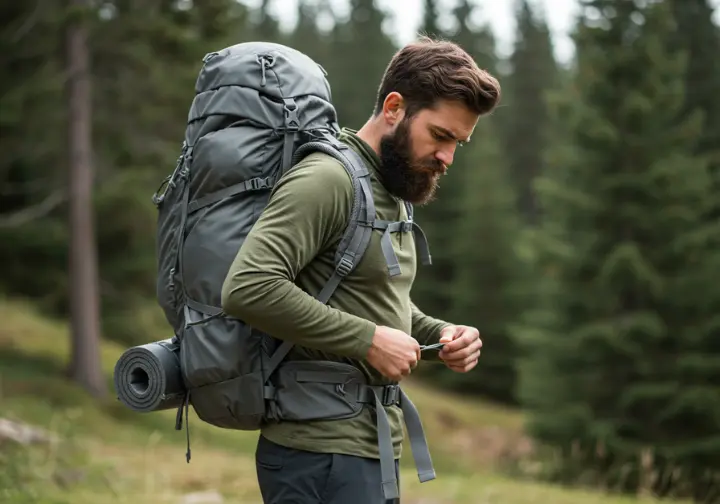 Final pack checks and adjustments for a comfortable hiking backpack.