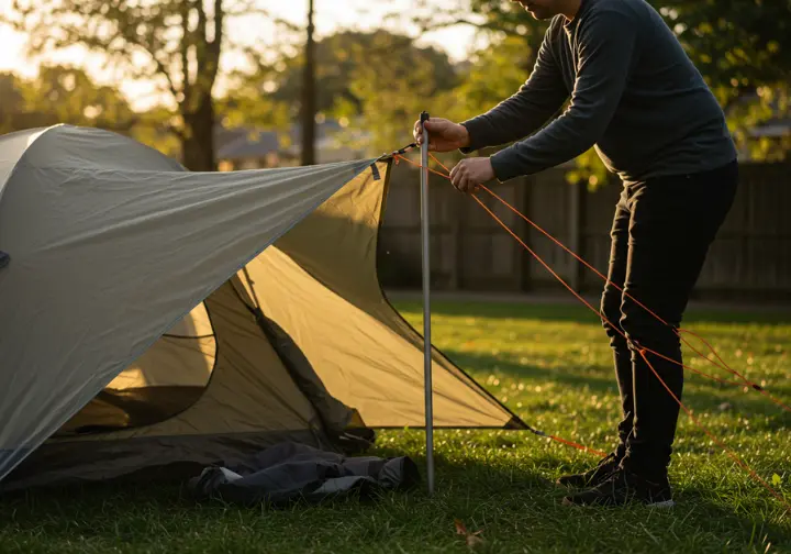 Building backpacking skills by practicing setting up a tent before a trip.