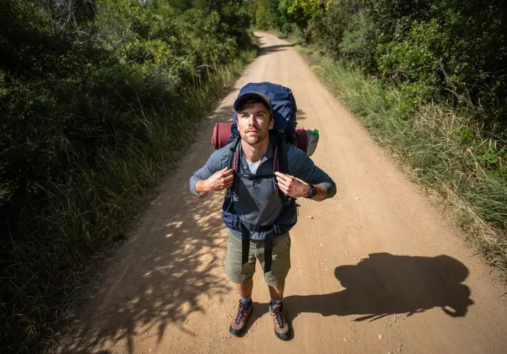 A thru-hiker tests their gear on a shakedown hike, representing the process of testing and refining a thru-hiking gear list.