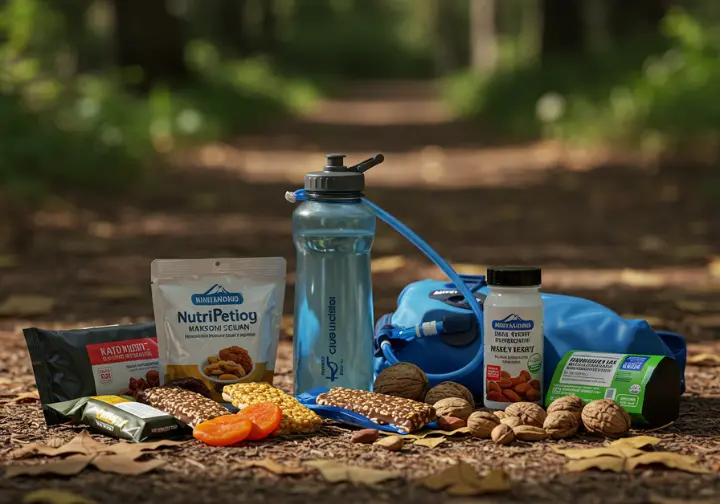 Hiking hydration and nutrition: water bottle, hydration reservoir, energy bars, nuts, and dried fruit on a hiking trail.