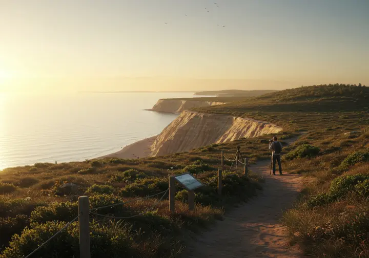 Scenic vista point on a Long Island hiking trail at golden hour, ideal for photography.