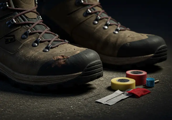 Worn hiking boot with repair kit, symbolizing overlooked challenges of gear durability on thru-hikes.