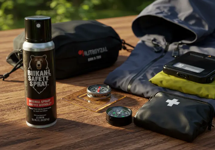 Essential hiking safety gear: bear spray, waterproof jacket, compass, first-aid kit, for Vancouver hikes.