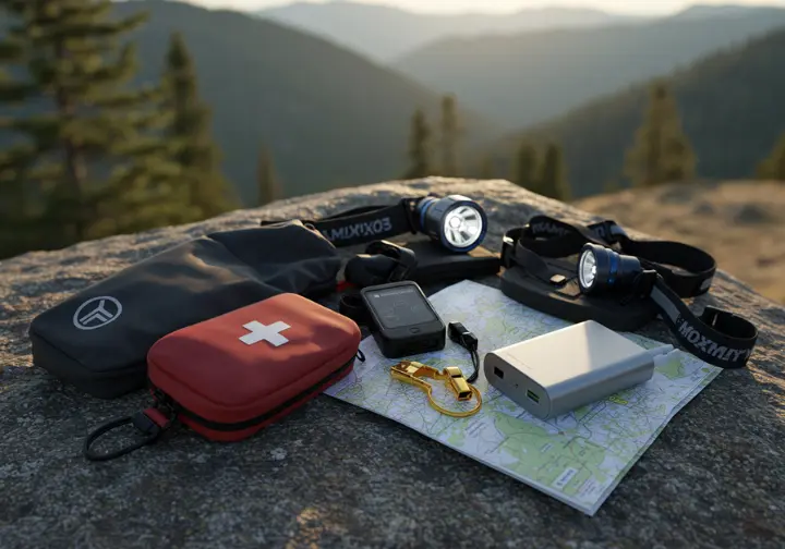 Safety gear for Bear Mountain hike: first-aid kit, whistle, headlamp, map, power bank, mitigating risks.