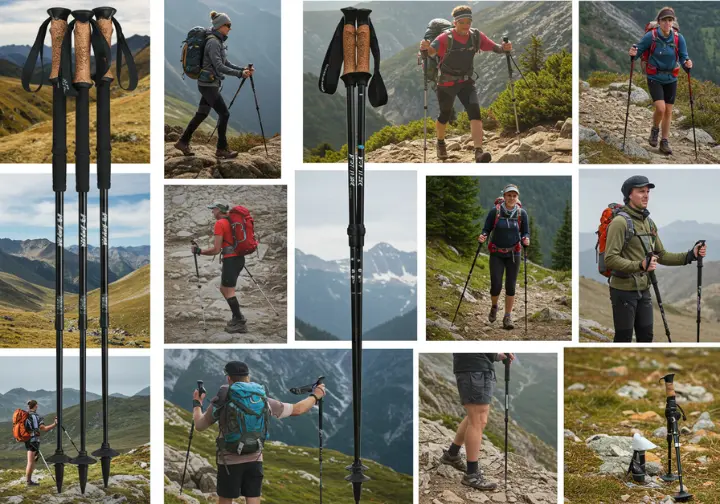 Additional considerations for trekking poles: activity type, material, weight, and packability.