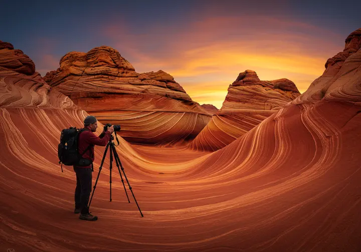 Photographer capturing the Fire Wave at sunset in Valley of Fire, illustrating photography opportunities.
