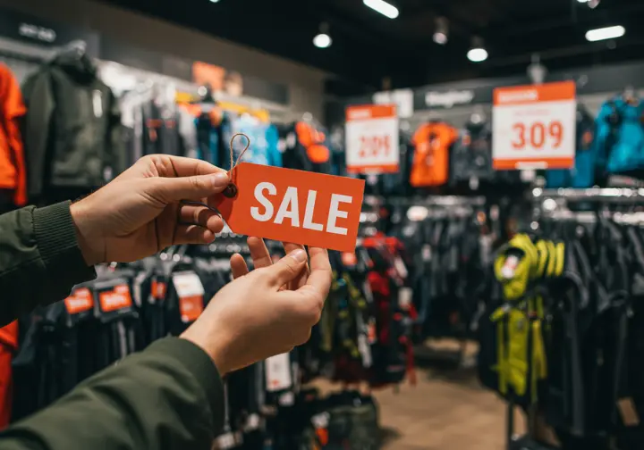 Budget-friendly hiking gear for beginners: hands holding a "SALE" tag in a store with discounted hiking equipment.