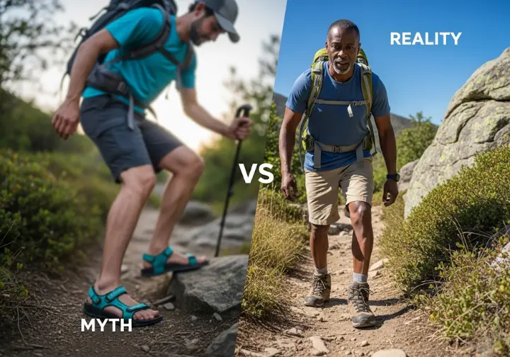 A visual contrast between a struggling hiker (representing common myths) and a confident hiker (representing debunked myths), illustrating the importance of informed footwear choices for what shoes to wear when hiking.