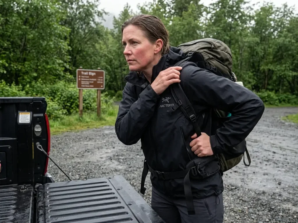 Hiker in an Arc'teryx Beta AR shell shouldering a pack at a wet trailhead