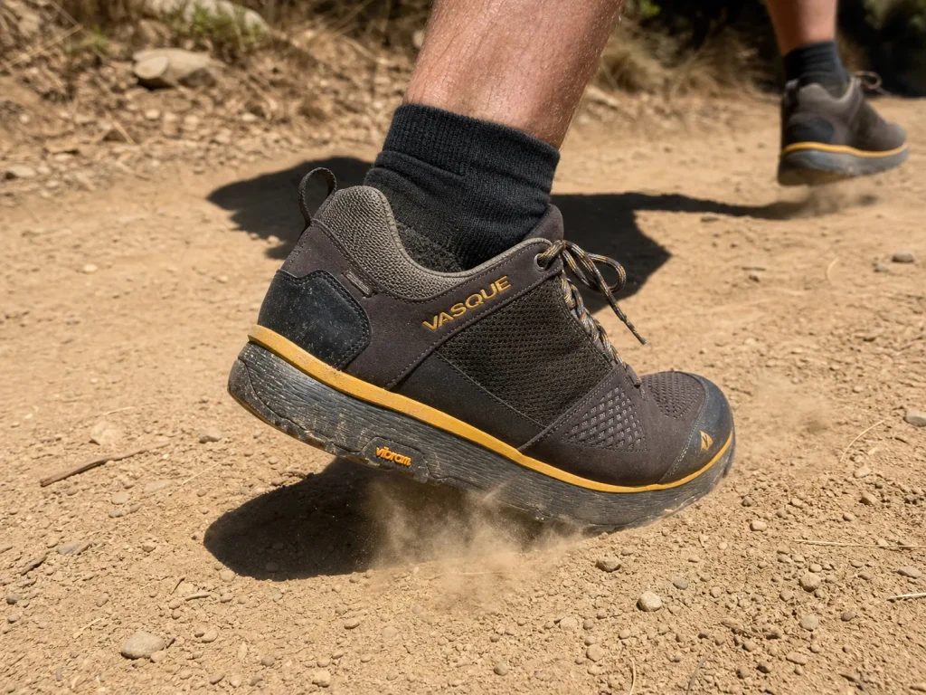 Lightweight low-cut hiking shoe mid-stride on a trail, dust kicking off the sole