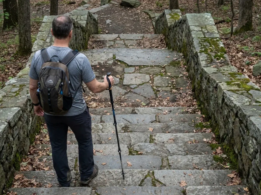 Looking down the thousand stone steps that make the Bear Mountain hike descent so punishing
