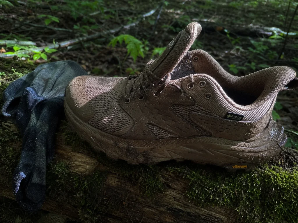 Low-cut hiking shoe drying on a log, faint steam rising in cool forest light