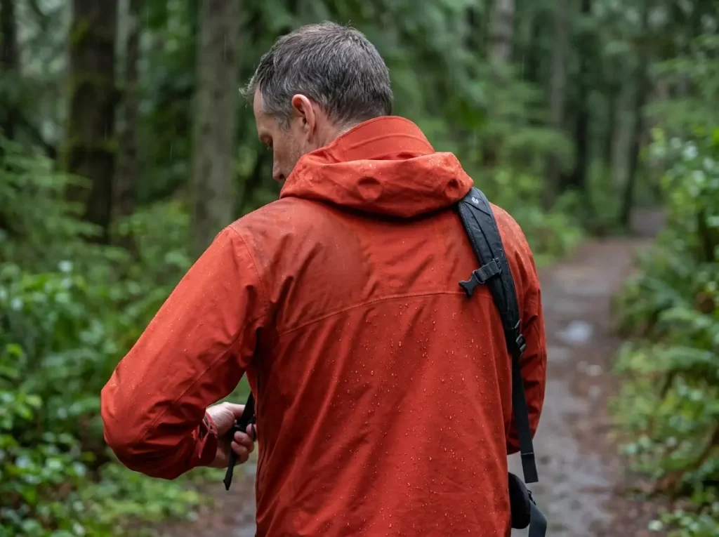 Dark wet-out patch across the shoulders of a rain jacket under a pack strap