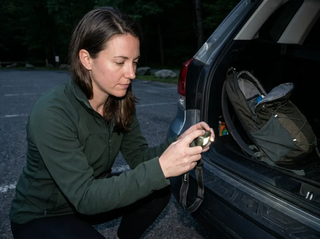 Checking a headlamp at the Bear Mountain trailhead at dusk after a longer hike than planned