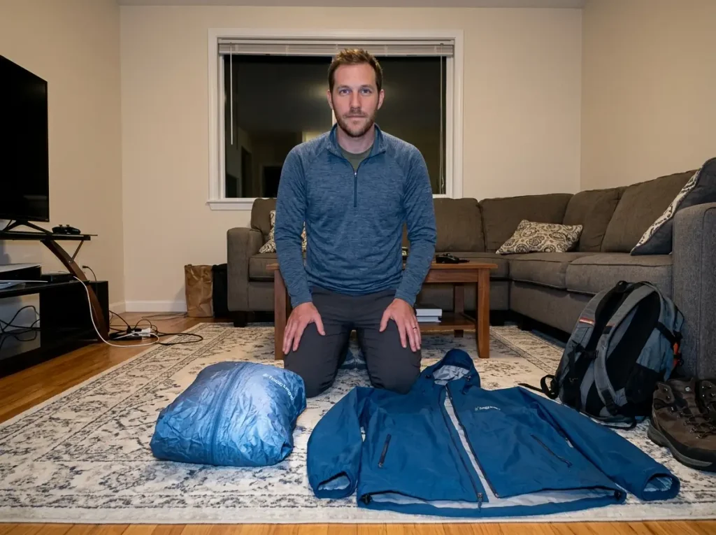 Two rain jackets side by side on a floor while packing for a hike