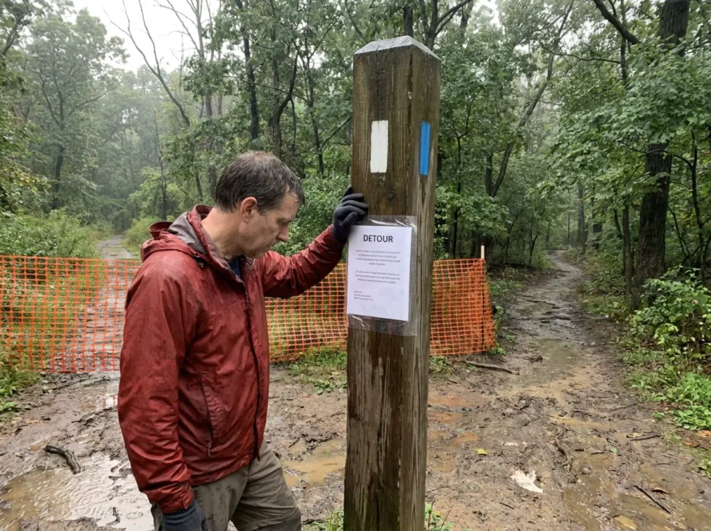 Trail detour signage at Bear Mountain State Park, where closures still change the hike difficulty