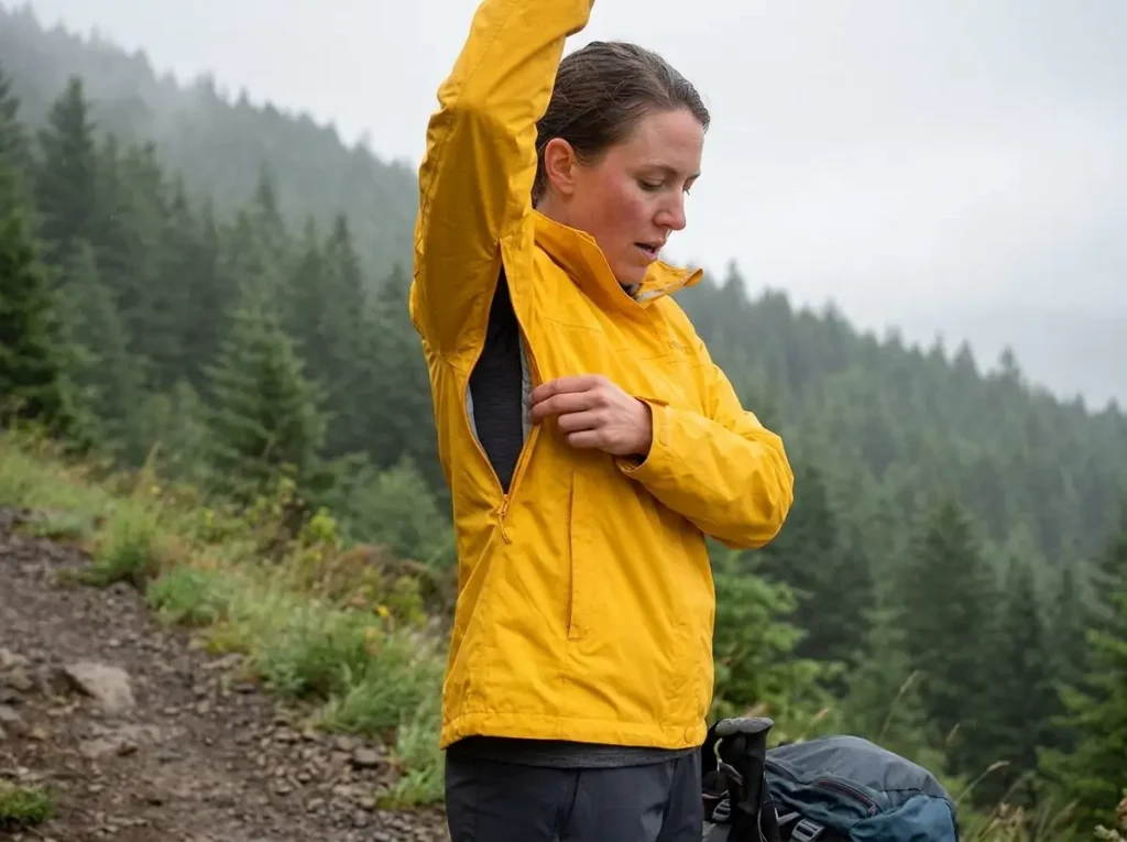 Hiker opening the pit zip on a rain jacket at the bottom of a climb