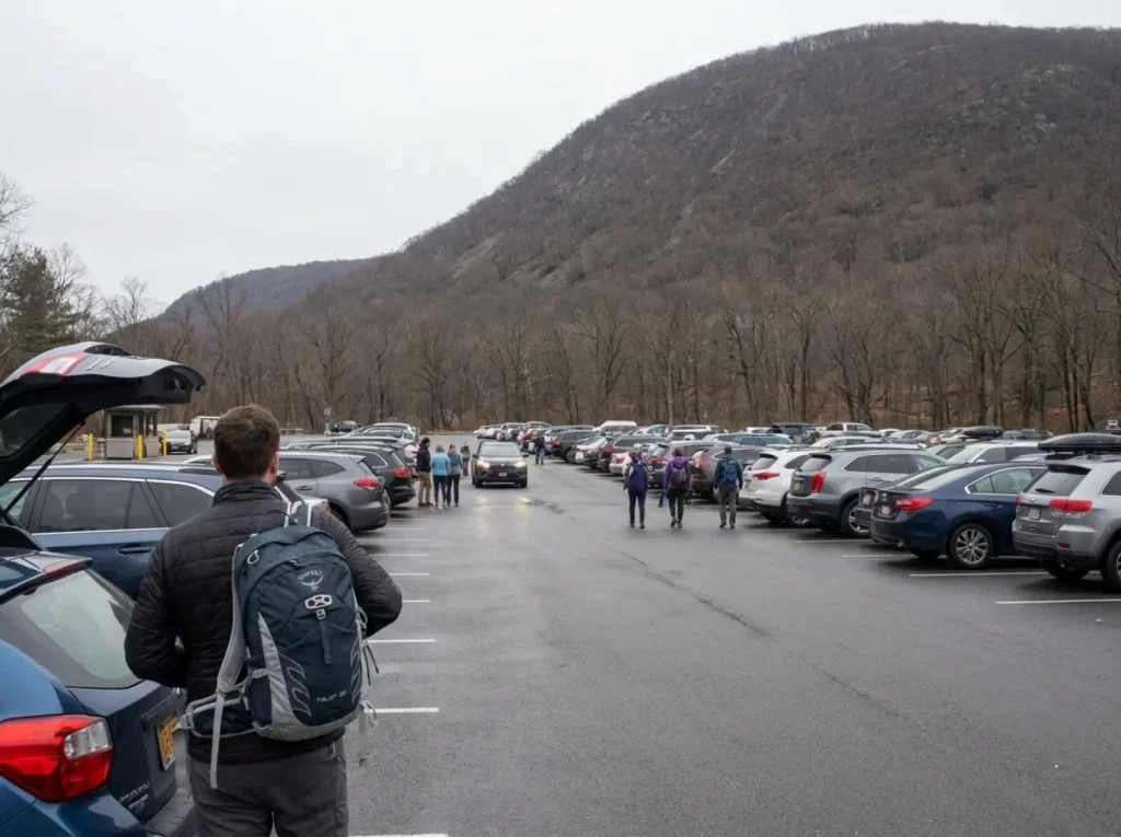The crowded main parking lot at Bear Mountain State Park on a weekend morning in New York