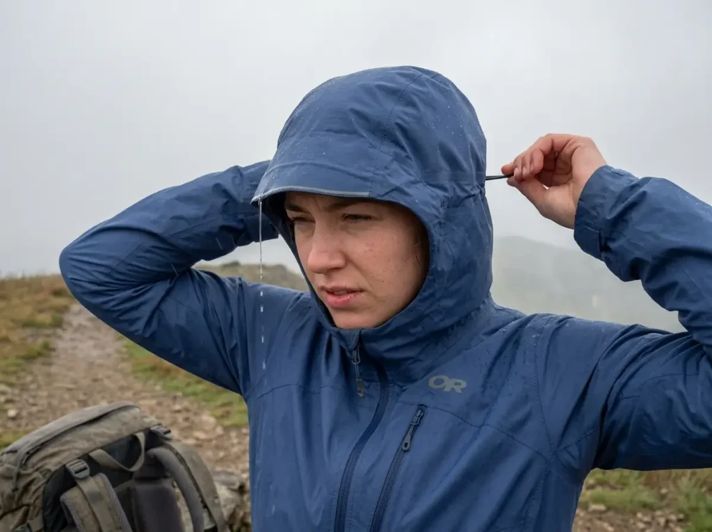 Hiker cinching the hood adjuster on an Outdoor Research Helium rain jacket