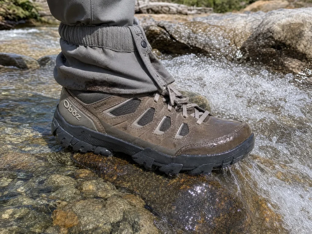 Low-cut hiking shoe with a trail gaiter stepping through a shallow rocky stream