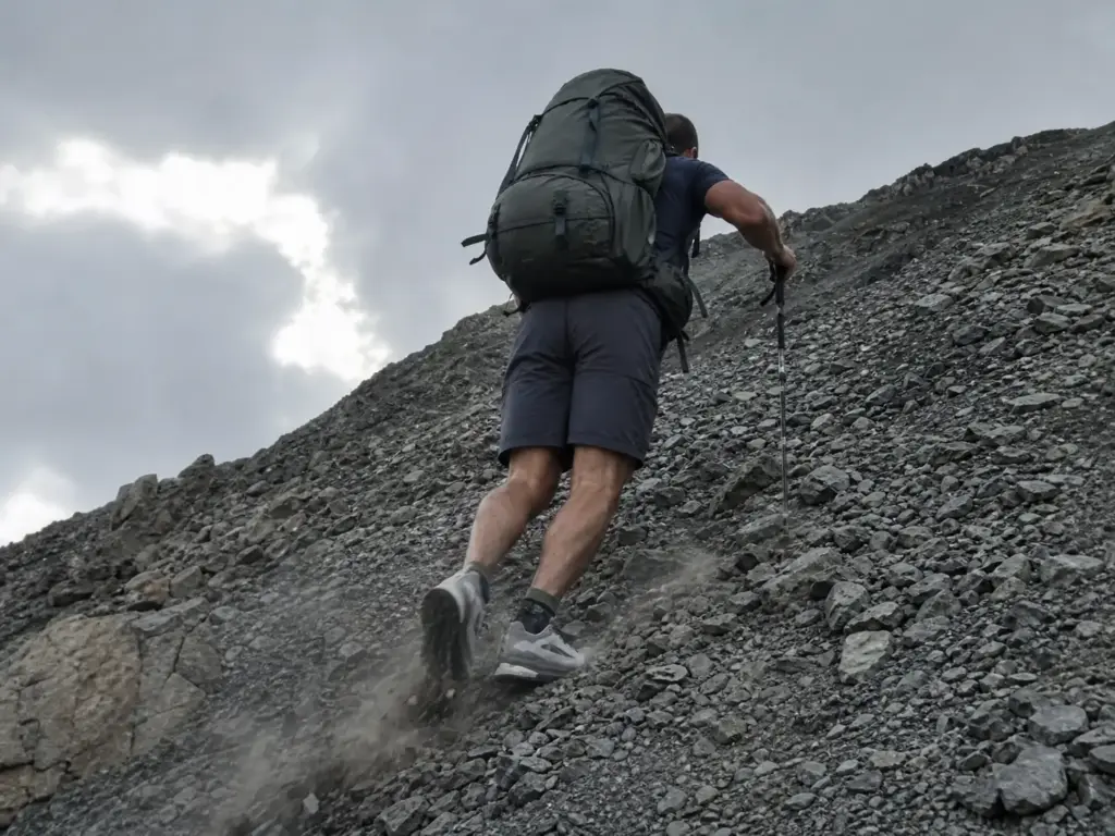 Backpacker with a heavy pack picking a careful line across loose scree on a steep mountainside