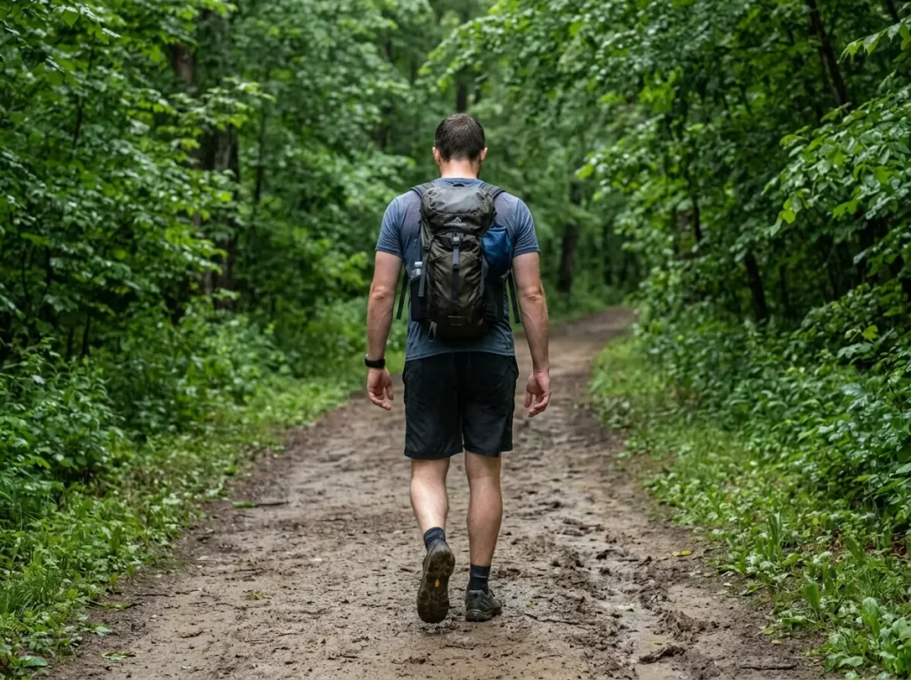 Hiker walking in warm rain in just a base layer with the rain shell still packed