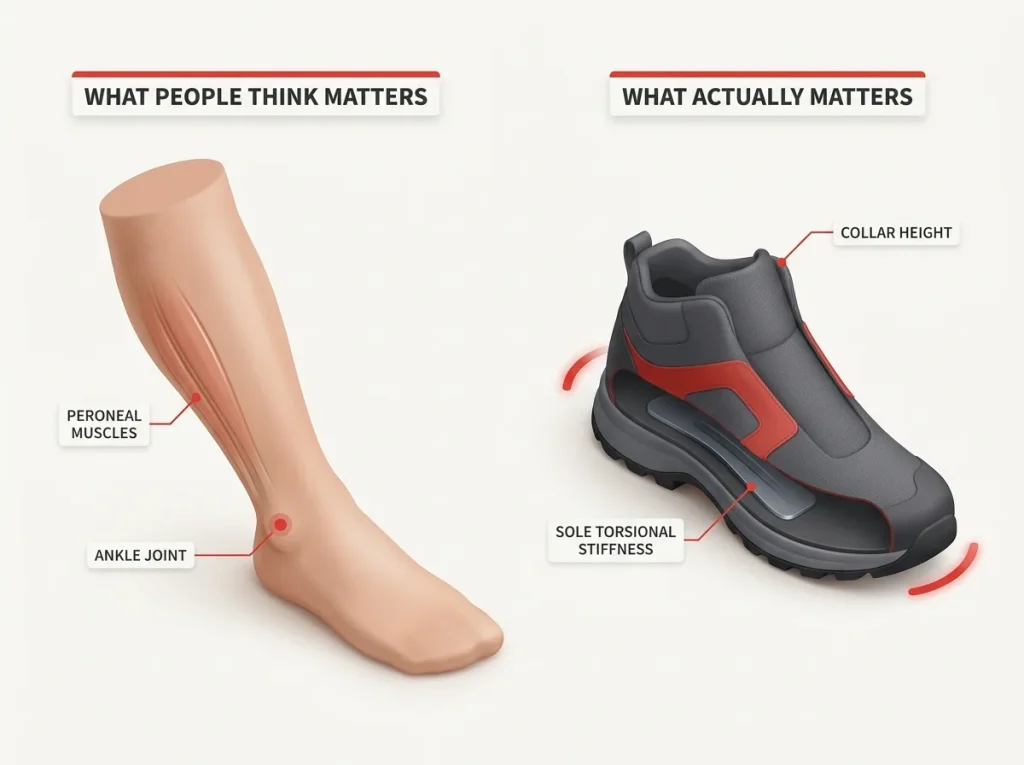 Anatomy diagram of the lower leg showing peroneal muscles and ankle joint comparing collar height to sole torsional stiffness