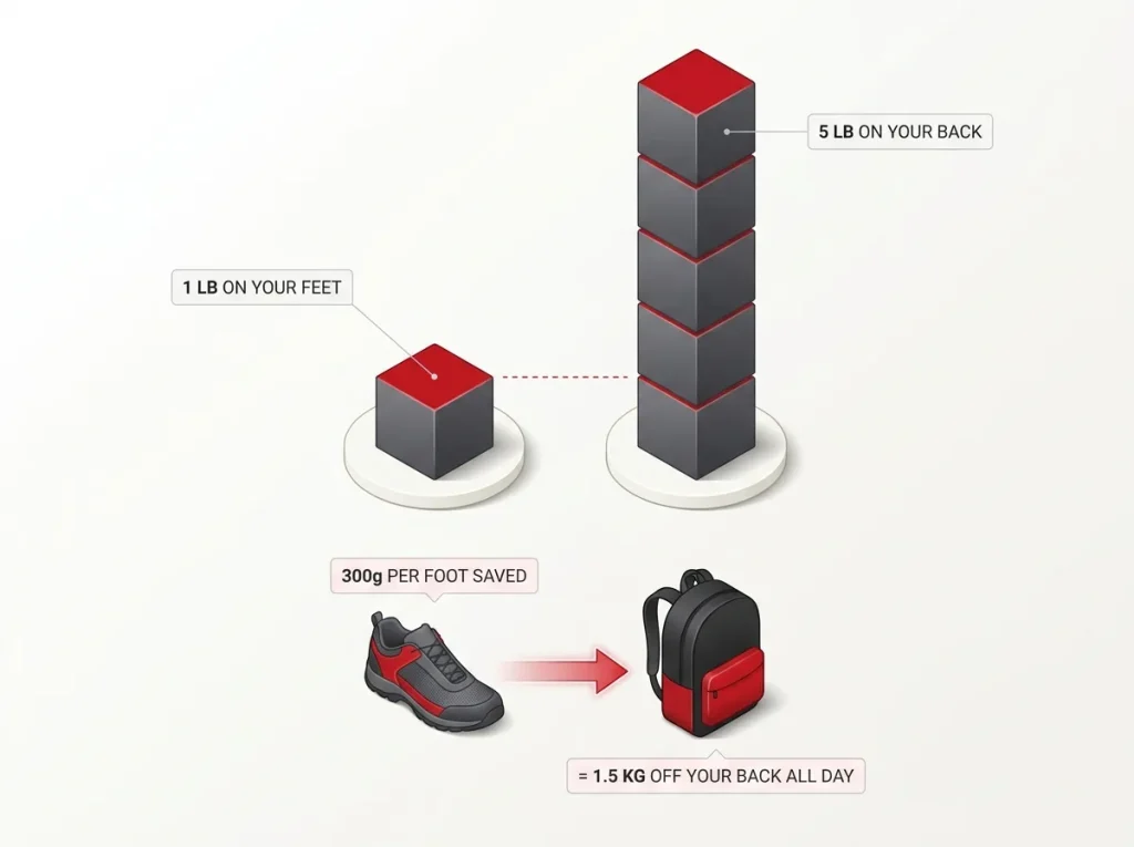 Data visualization showing 1 pound on feet equals 5 pounds on back, with 300 grams per foot equal to 1.5kg pack weight