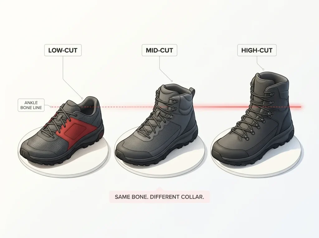 Diagram comparing low-cut, mid-cut, and high-cut hiking shoe collar heights with ankle bone marked on each silhouette