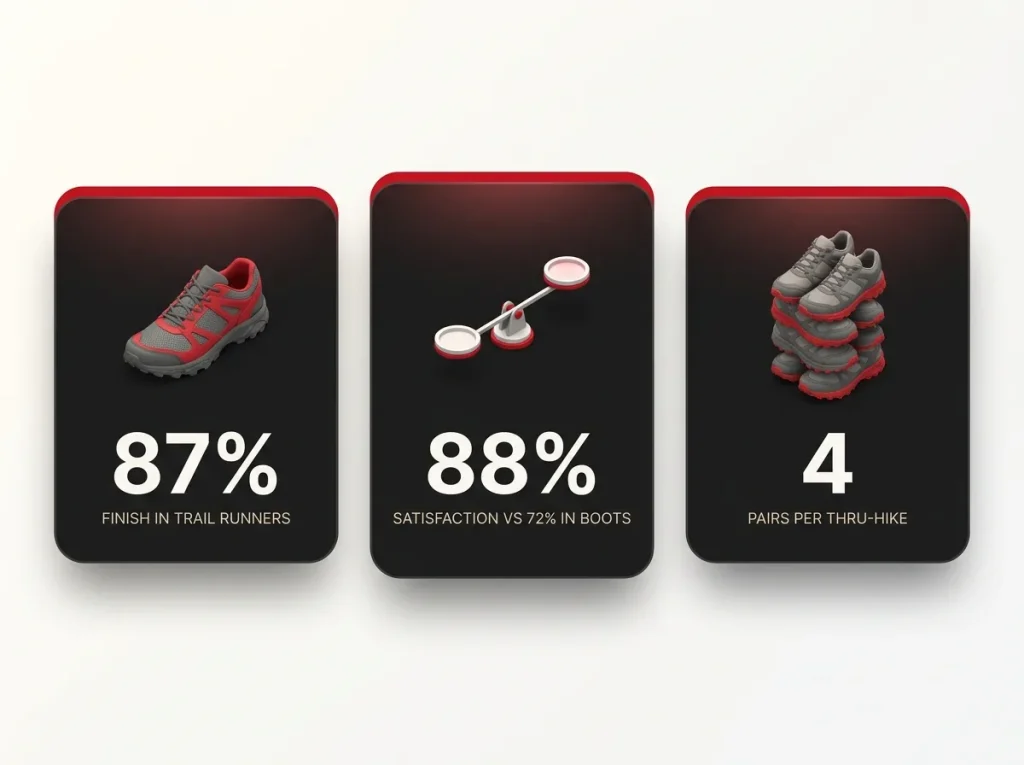Data visualization of three stat tiles showing thru-hiker trail runner adoption, satisfaction rates, and footwear pairs used