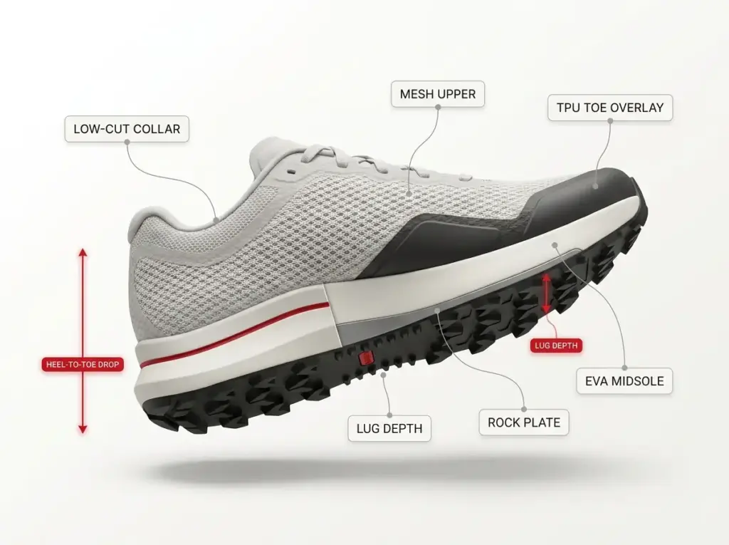 Infographic showing trail running shoe anatomy with labeled mesh upper, rock plate, midsole, lug depth and drop measurement